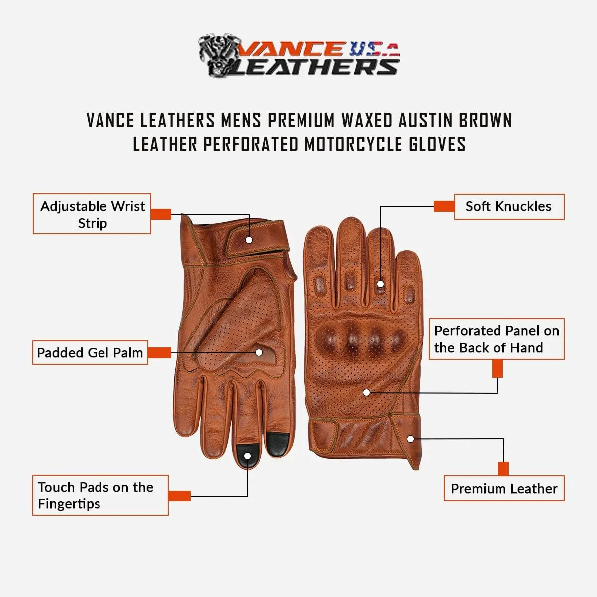 Vance Leather' Men's Premium Waxed Austin Brown Leather Perforated Motorcycle Gloves
