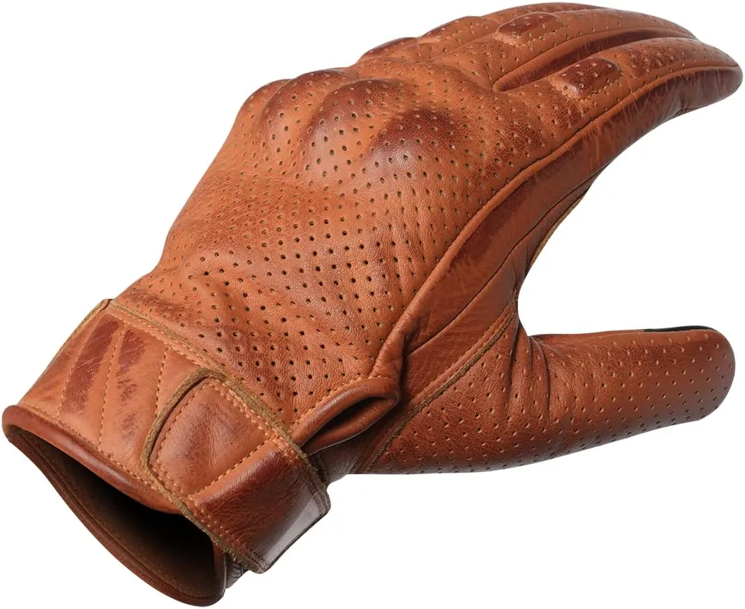 Vance Leather' Men's Premium Waxed Austin Brown Leather Perforated Motorcycle Gloves