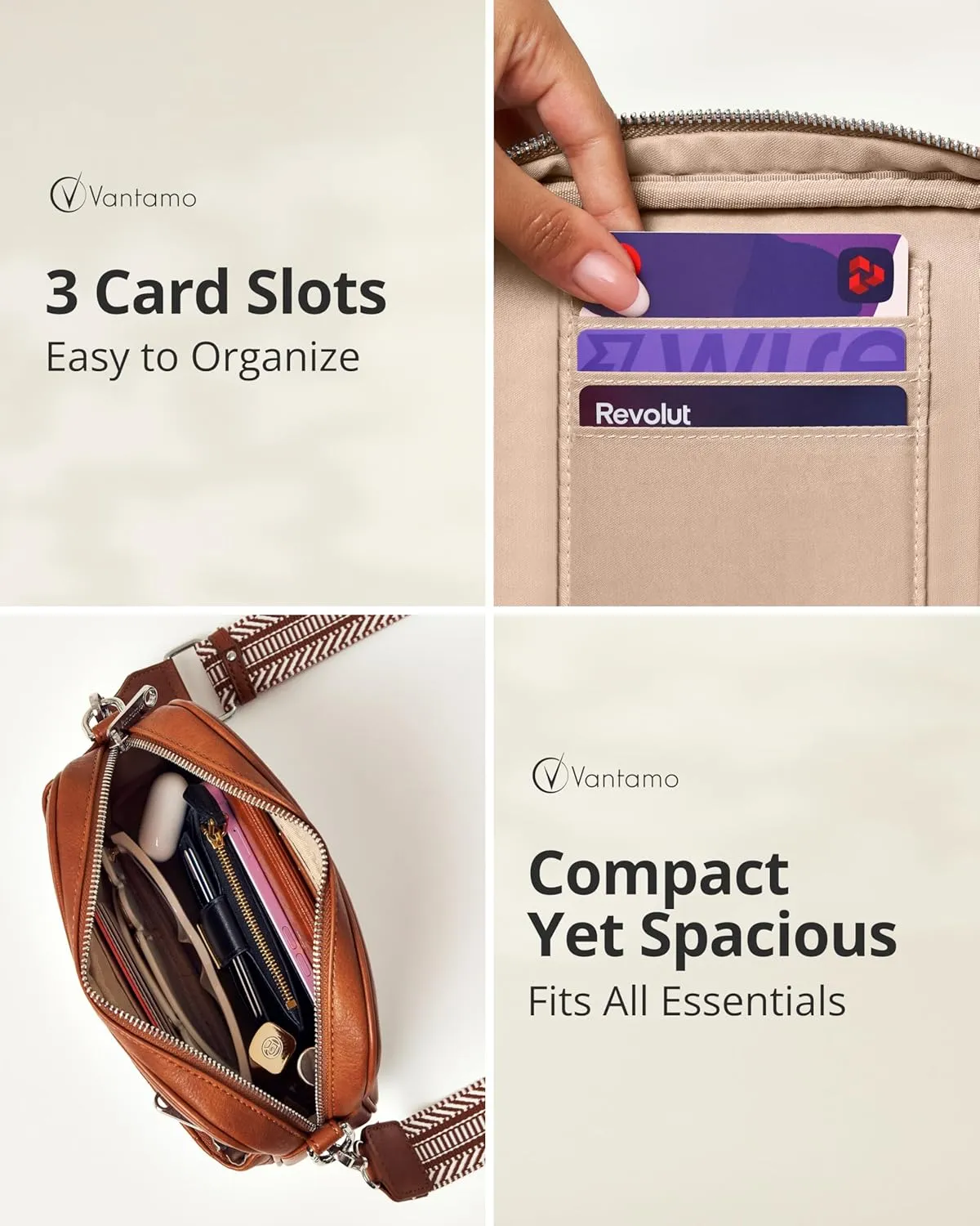 Vantamo Crossbody Bags For Women with Adjustable Strap, Premium PU Leather Purses for Women, Anti-Pickpocket Clip & Gift Box