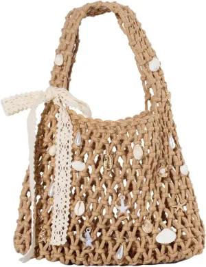 Verdusa Women's Crochet Hollow Out Shoulder Handbags Lace Bow Top Handle Satchel Beach Bags