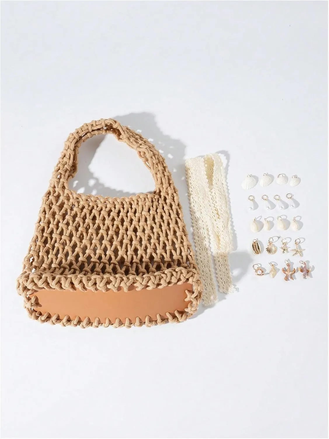 Verdusa Women's Crochet Hollow Out Shoulder Handbags Lace Bow Top Handle Satchel Beach Bags