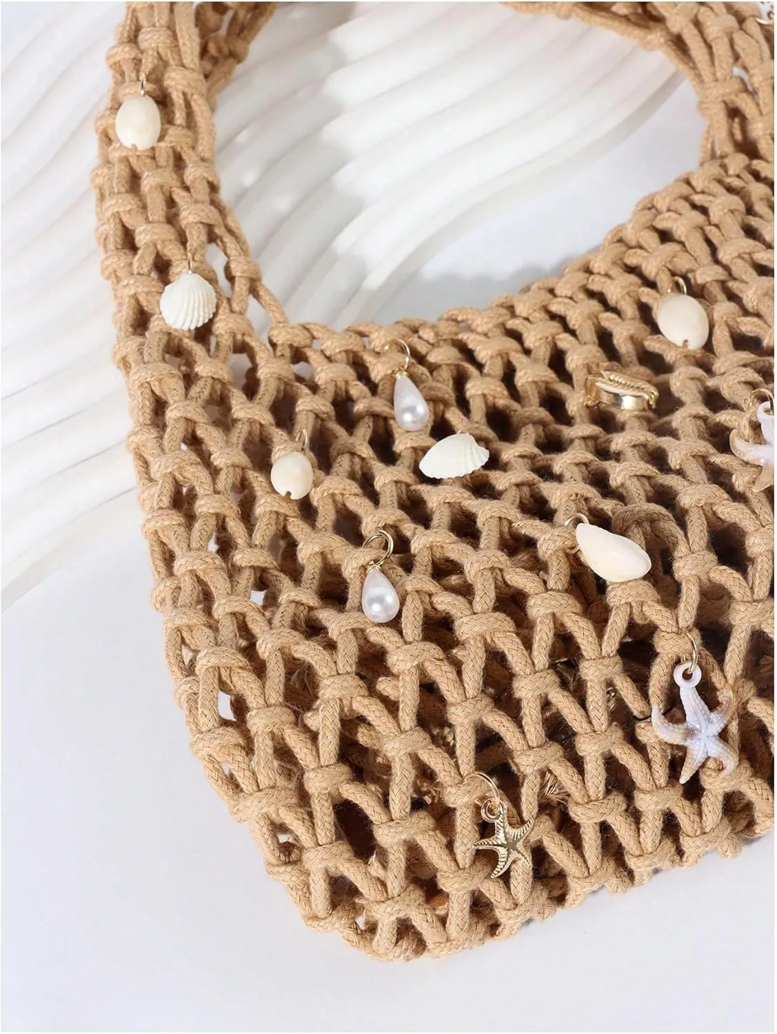 Verdusa Women's Crochet Hollow Out Shoulder Handbags Lace Bow Top Handle Satchel Beach Bags