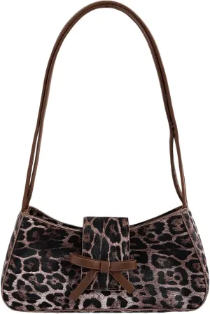 Verdusa Women's Leopard Print PU Leather Shoulder Handbags Bowknot Flap Top Handle Underarm Bag