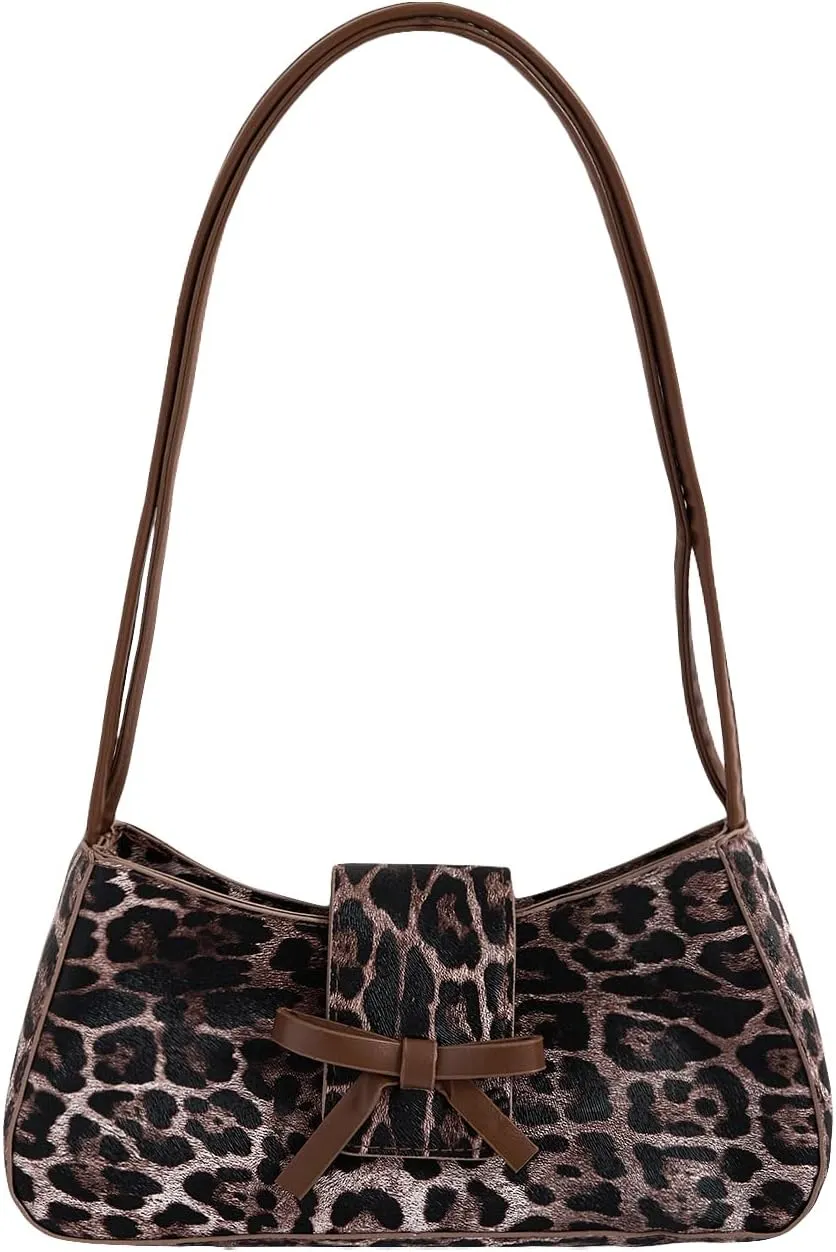 Verdusa Women's Leopard Print PU Leather Shoulder Handbags Bowknot Flap Top Handle Underarm Bag