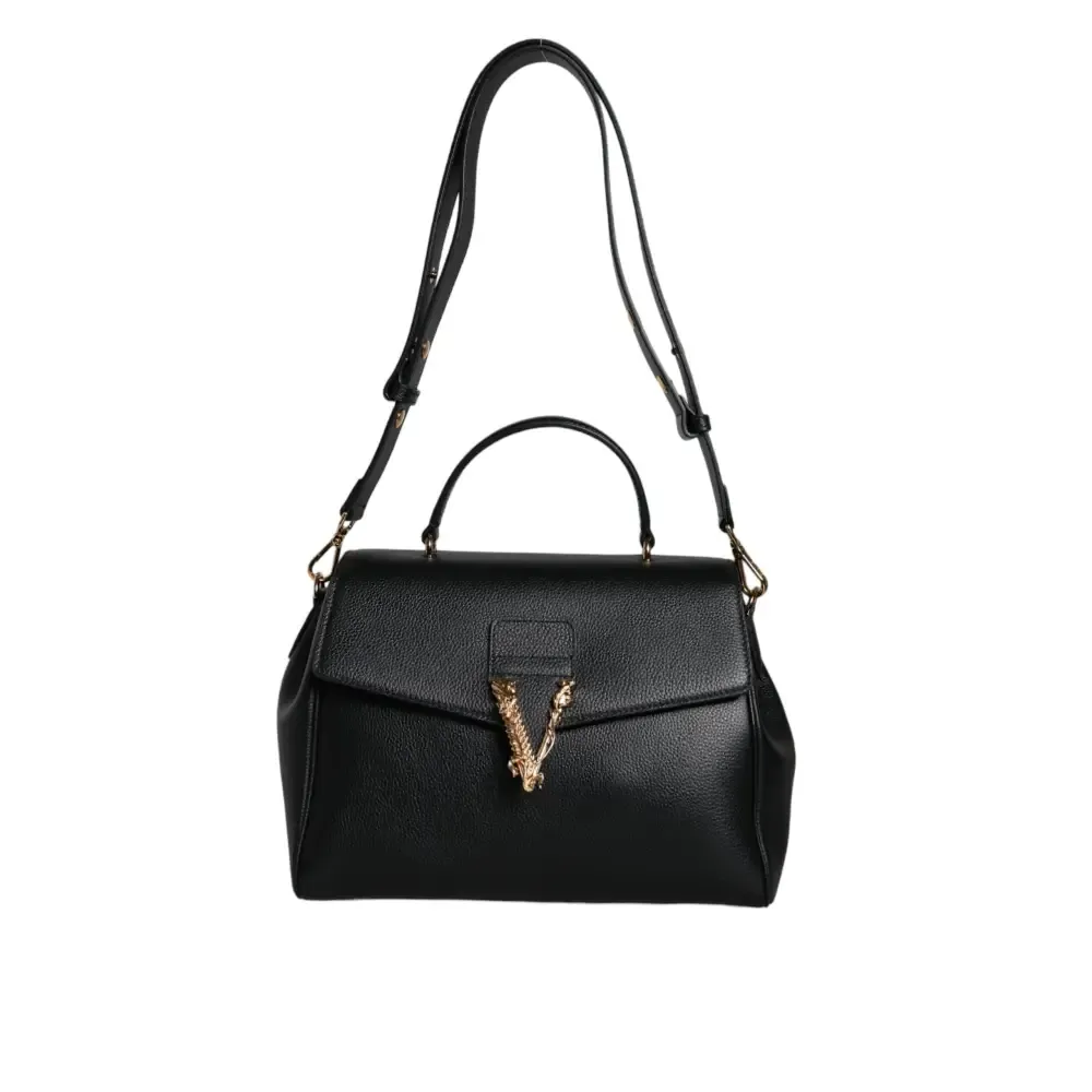 Versace Black Top Handle Grainy Calfskin Leather Crossbody Bag
