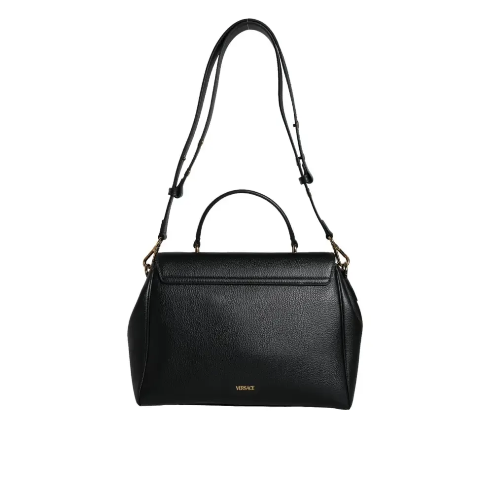 Versace Black Top Handle Grainy Calfskin Leather Crossbody Bag