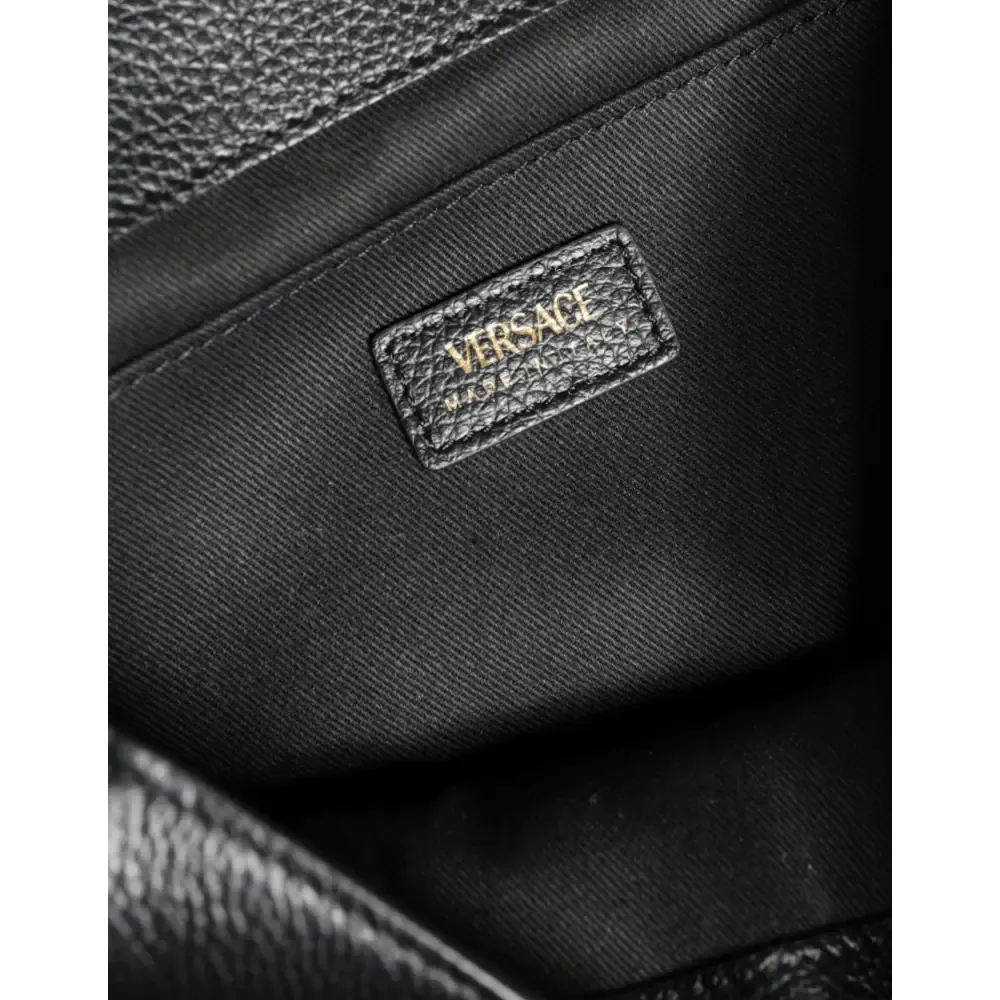 Versace Black Top Handle Grainy Calfskin Leather Crossbody Bag