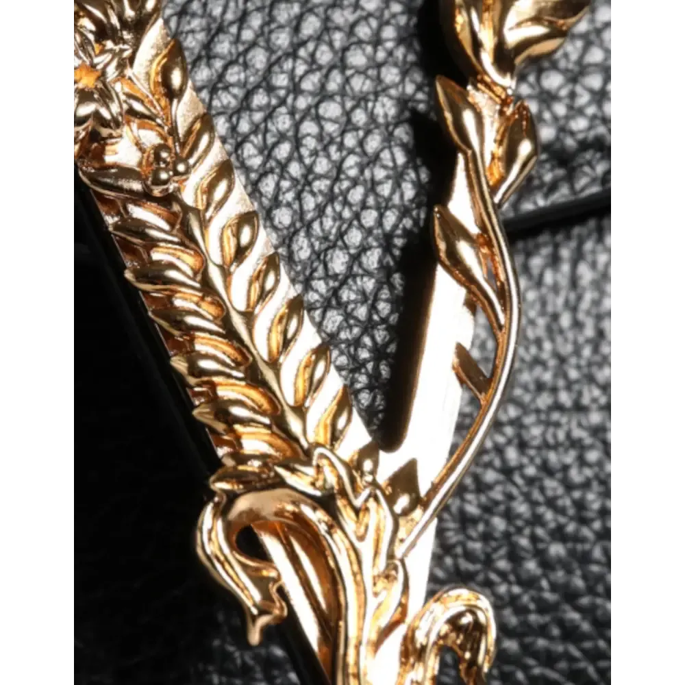 Versace Black Top Handle Grainy Calfskin Leather Crossbody Bag