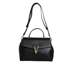 Versace Black Top Handle Grainy Calfskin Leather Crossbody Bag