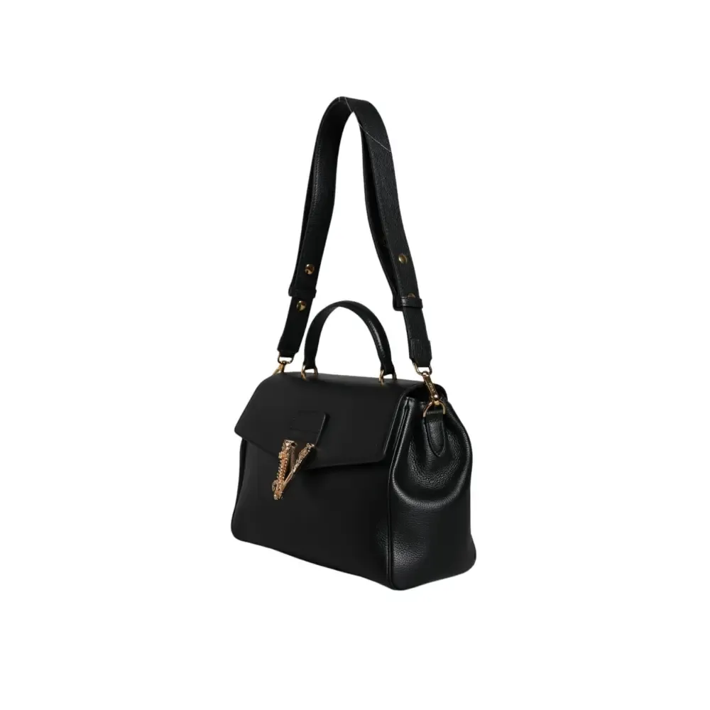 Versace Black Top Handle Grainy Calfskin Leather Crossbody Bag