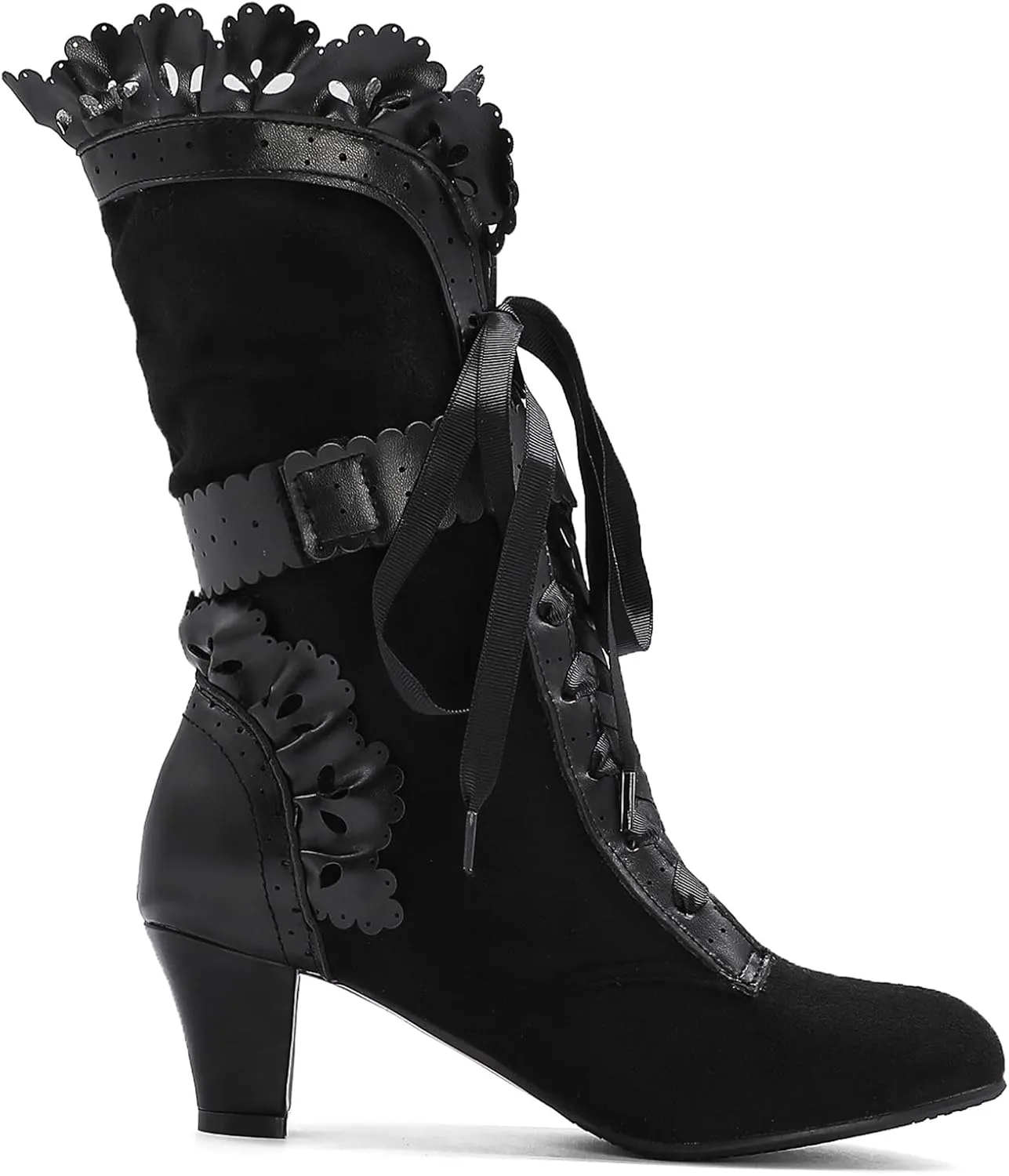 Victorian Boots for Women Vintage Bow Ruffles Goth Boots Costume Lace Up 70S Retro Boots Halloween Witch Stuff Cuban Heel Mid Calf Boots