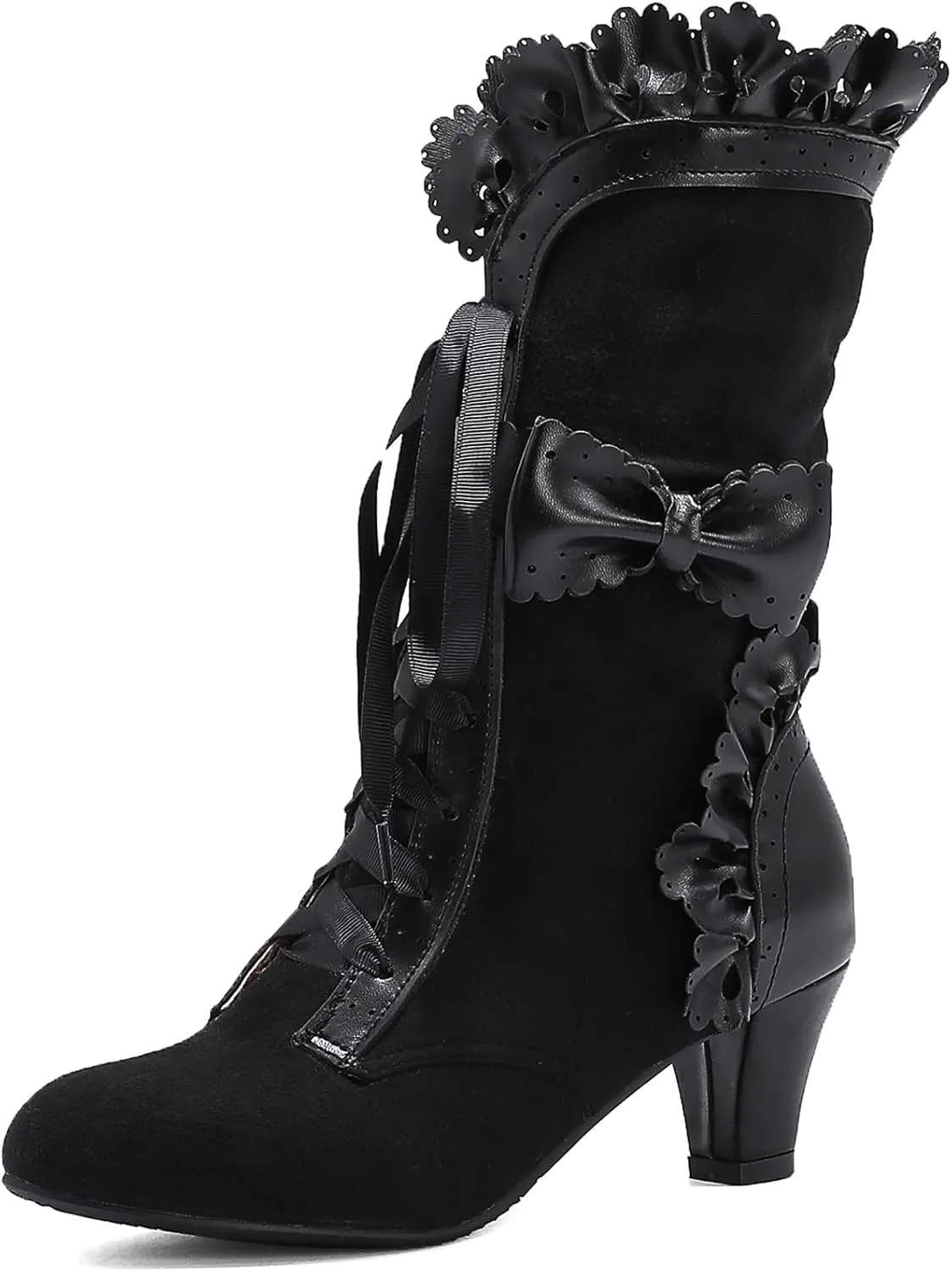 Victorian Boots for Women Vintage Bow Ruffles Goth Boots Costume Lace Up 70S Retro Boots Halloween Witch Stuff Cuban Heel Mid Calf Boots