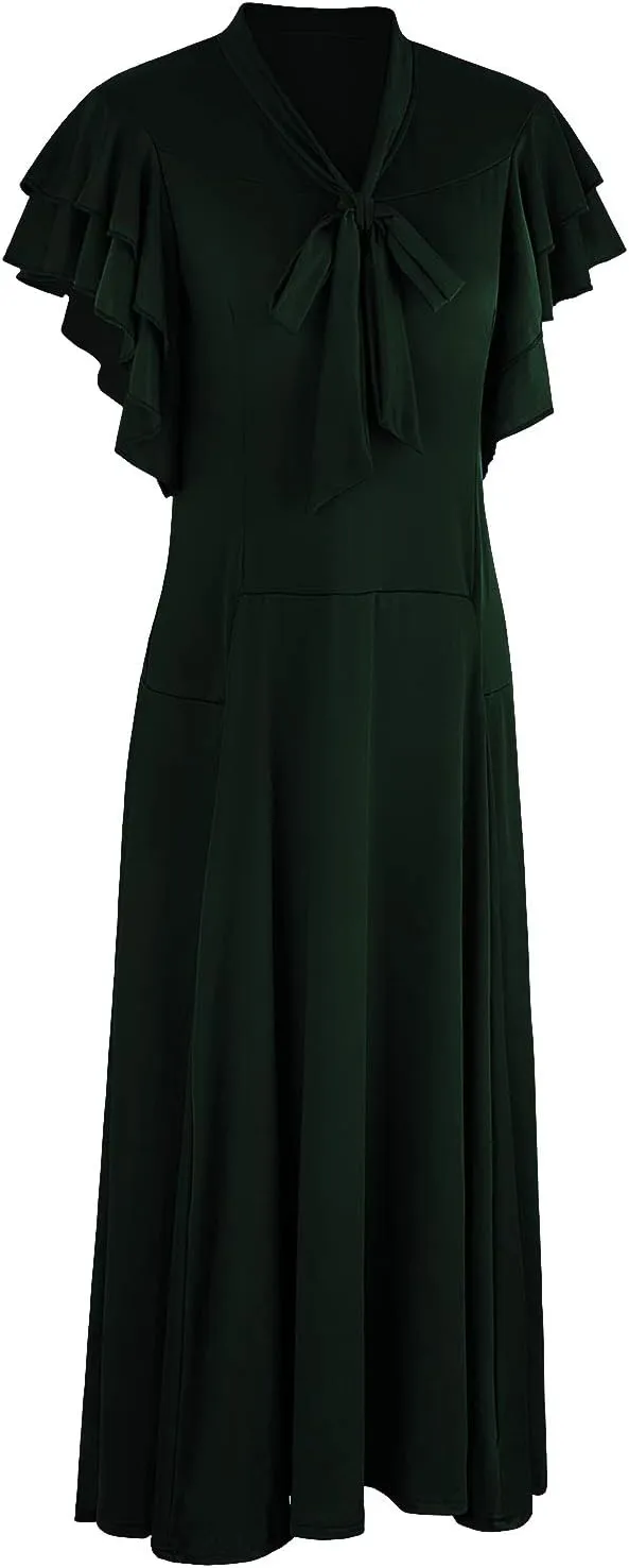 Vijiv Women's Vintage 1920s V Neck Long Bias Cut Sleeveless with Flutter Sleeves Bowknot Flapper Dress
