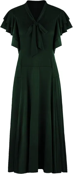 Vijiv Women's Vintage 1920s V Neck Long Bias Cut Sleeveless with Flutter Sleeves Bowknot Flapper Dress