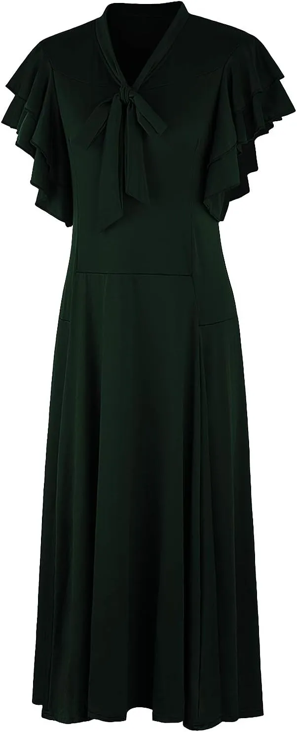 Vijiv Women's Vintage 1920s V Neck Long Bias Cut Sleeveless with Flutter Sleeves Bowknot Flapper Dress