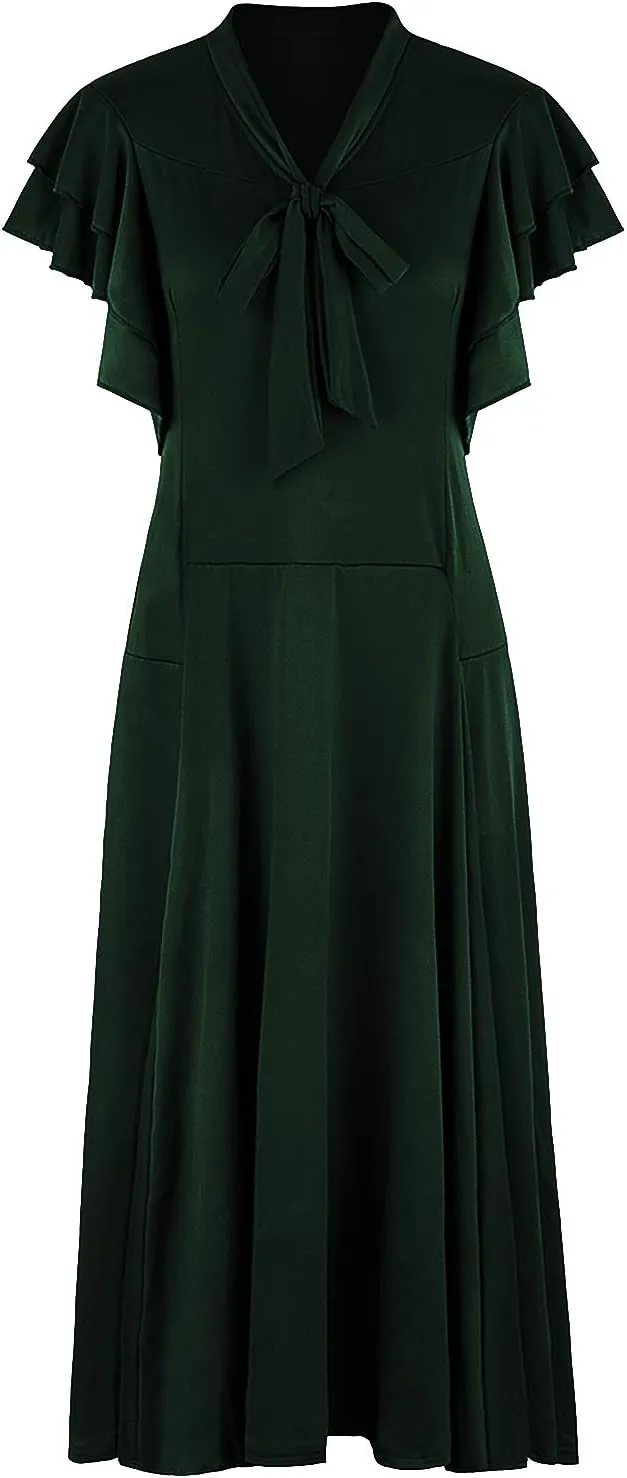 Vijiv Women's Vintage 1920s V Neck Long Bias Cut Sleeveless with Flutter Sleeves Bowknot Flapper Dress