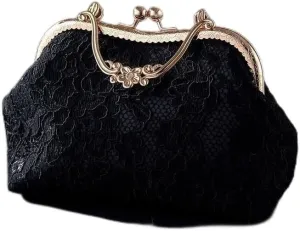 Vintage Satin Evening Party Clutch Bag Lace Purses and Handbags Metal Handle Luxury Designer Handbag Womens Hand Bag (Color : Black)