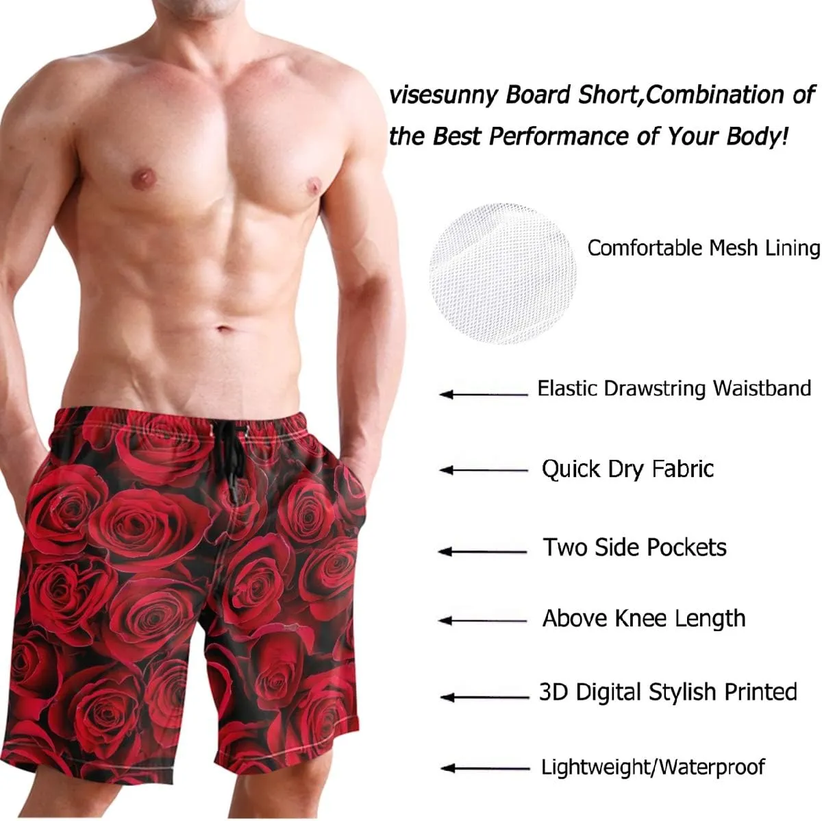 visesunny Men's Novelty Beach Shorts Quick Dry Swimwear Sports Running Swim Board Shorts