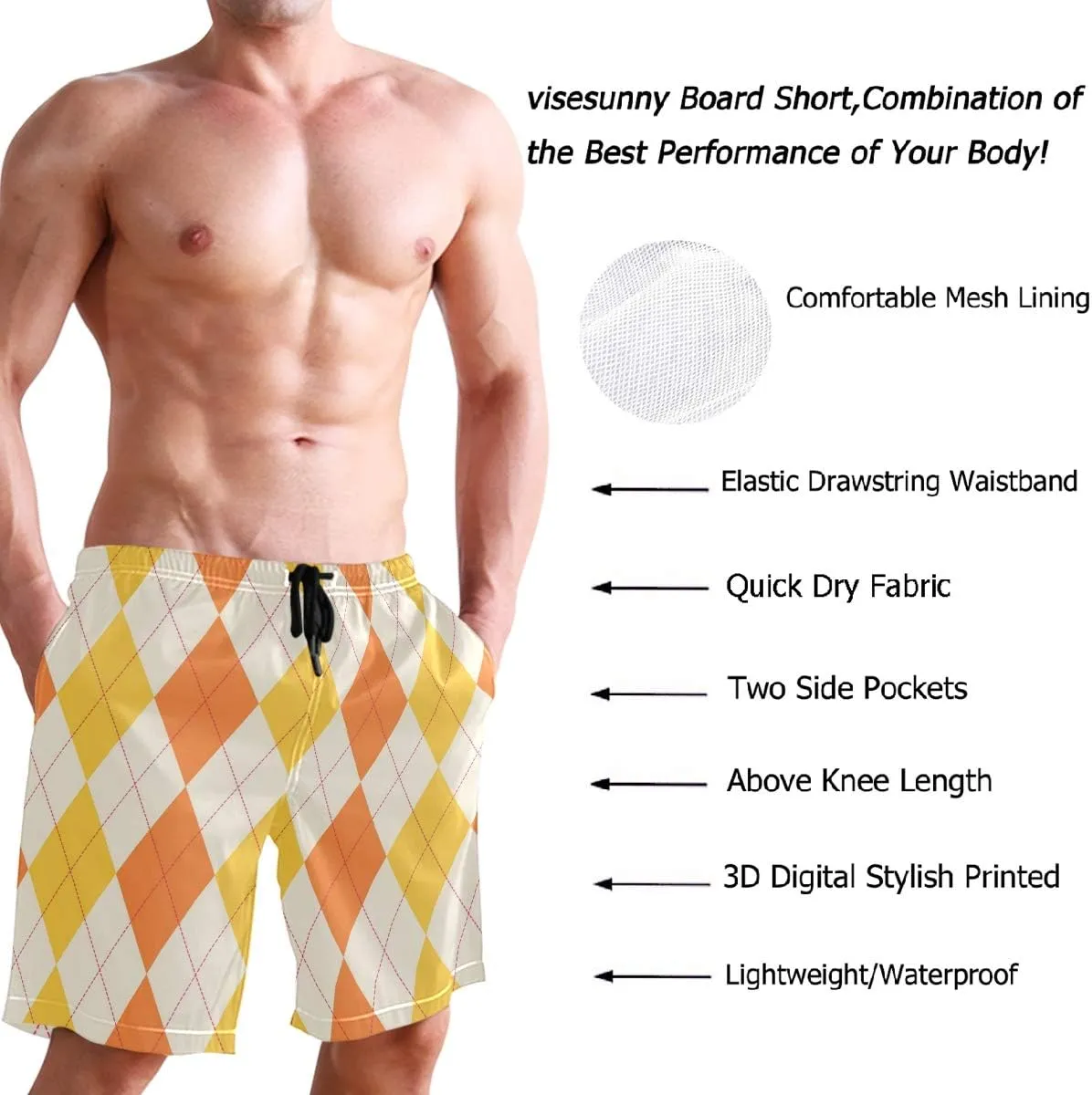 visesunny Men's Novelty Beach Shorts Quick Dry Swimwear Sports Running Swim Board Shorts