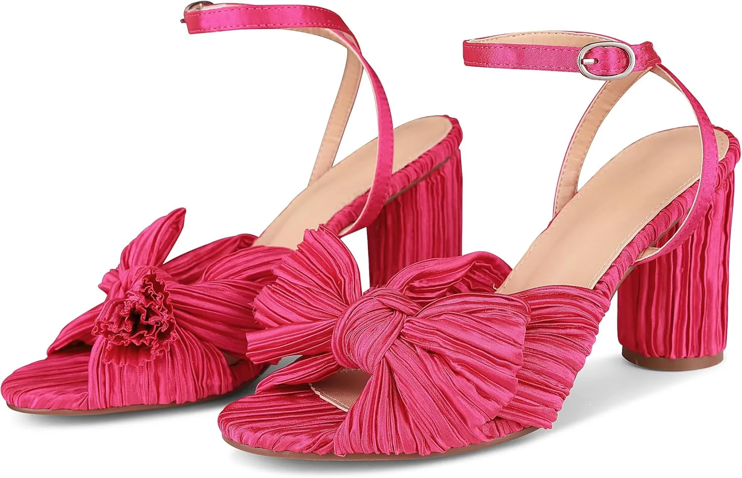 VOMIRA Bow Heels for Women Pleated Bowknot Heeled Sandals Summer Open Toe Ankle Buckle Strap Bridal Wedding Sandals