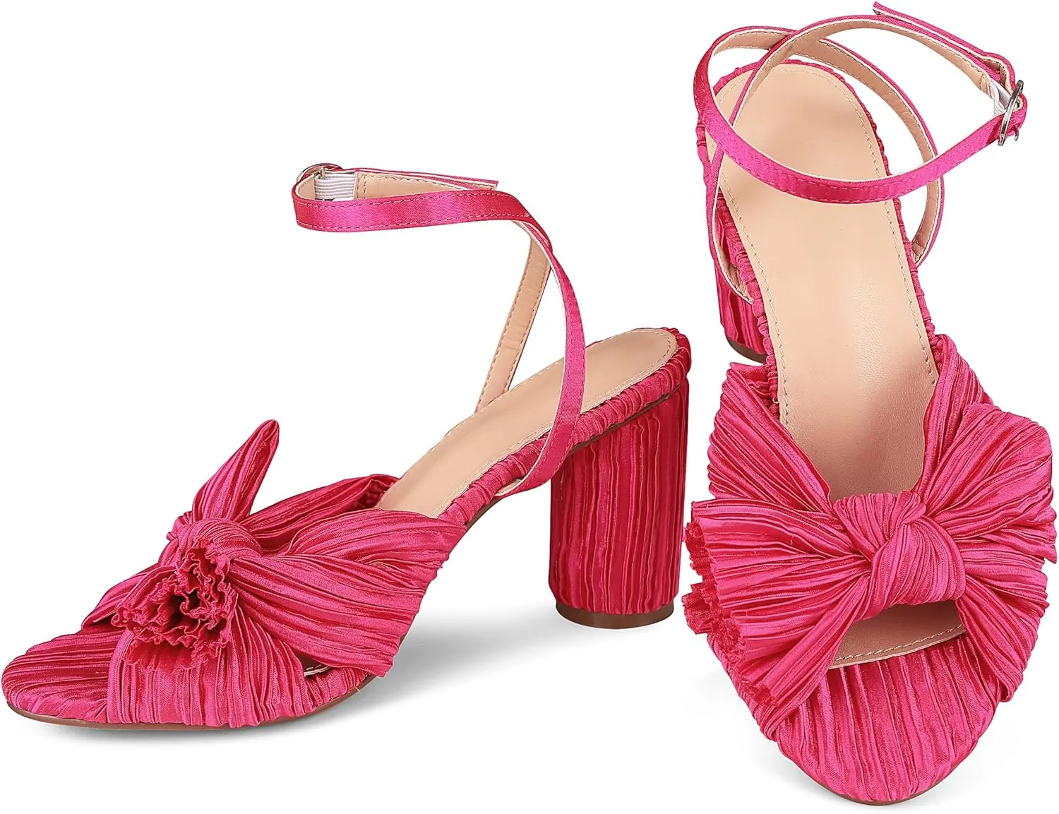 VOMIRA Bow Heels for Women Pleated Bowknot Heeled Sandals Summer Open Toe Ankle Buckle Strap Bridal Wedding Sandals