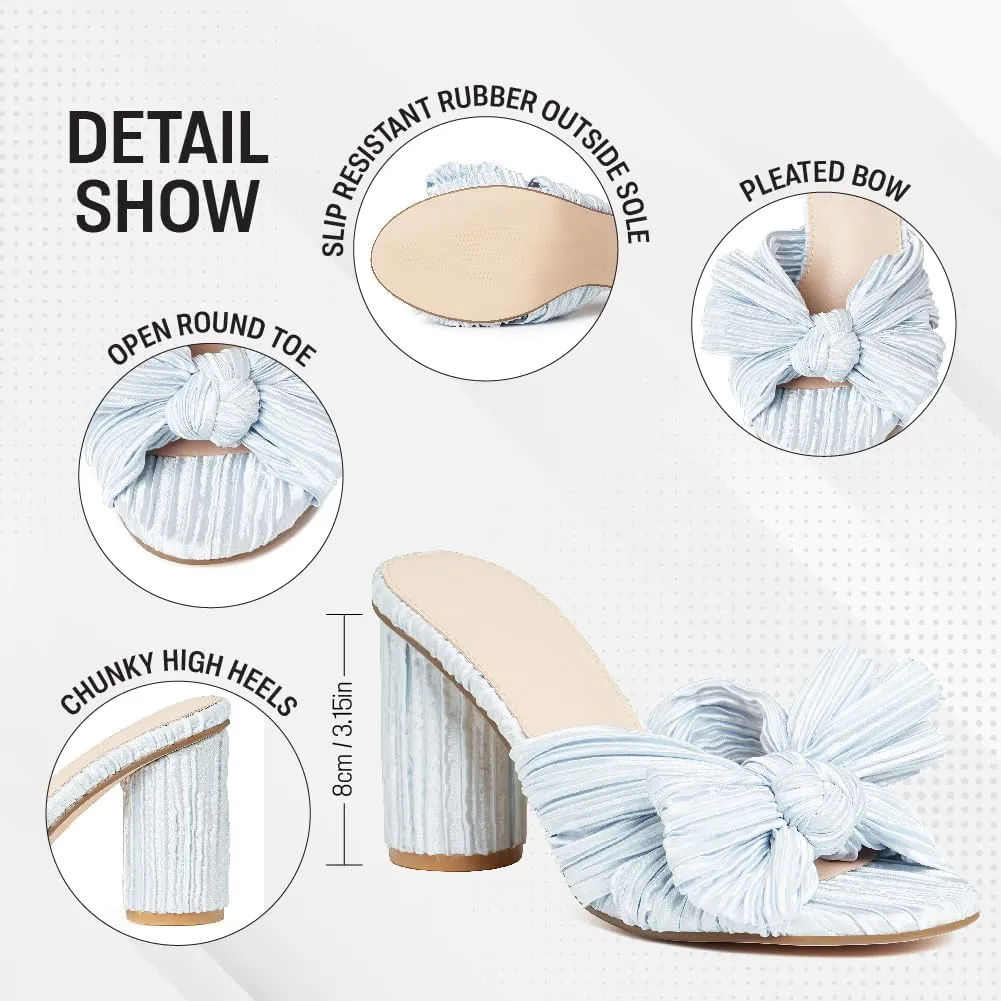 VOMIRA Bow Heels for Women Pleated Bowknot Heeled Sandals Summer Open Toe Ankle Buckle Strap Bridal Wedding Sandals