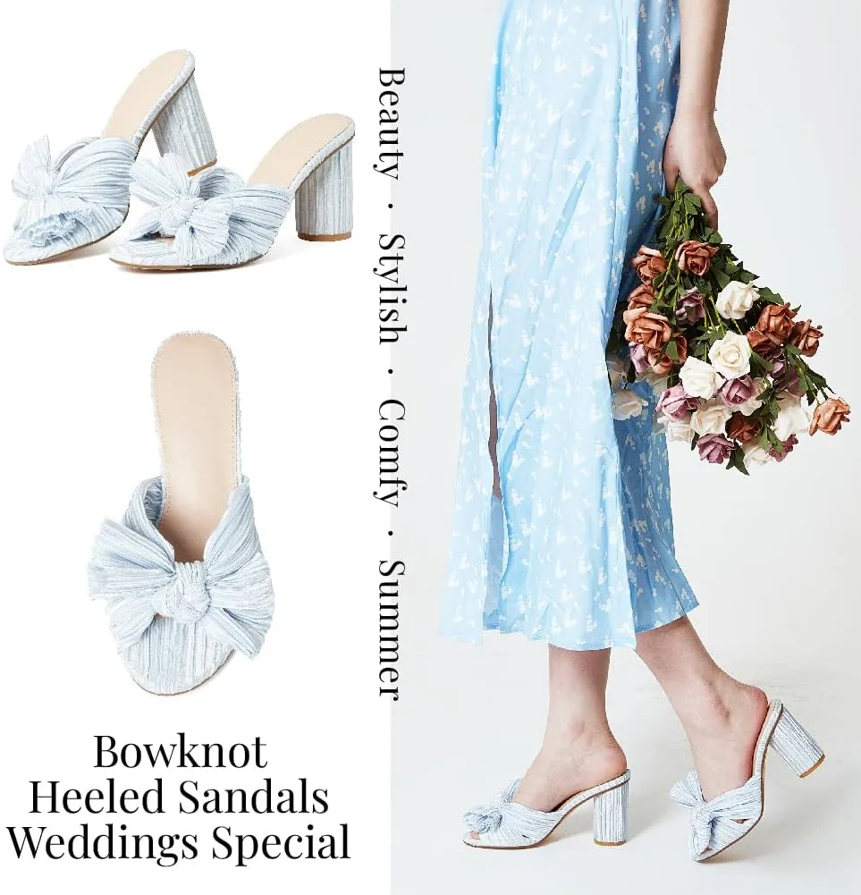 VOMIRA Bow Heels for Women Pleated Bowknot Heeled Sandals Summer Open Toe Ankle Buckle Strap Bridal Wedding Sandals