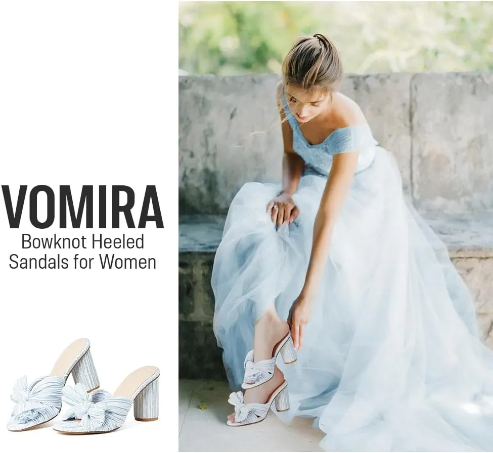 VOMIRA Bow Heels for Women Pleated Bowknot Heeled Sandals Summer Open Toe Ankle Buckle Strap Bridal Wedding Sandals