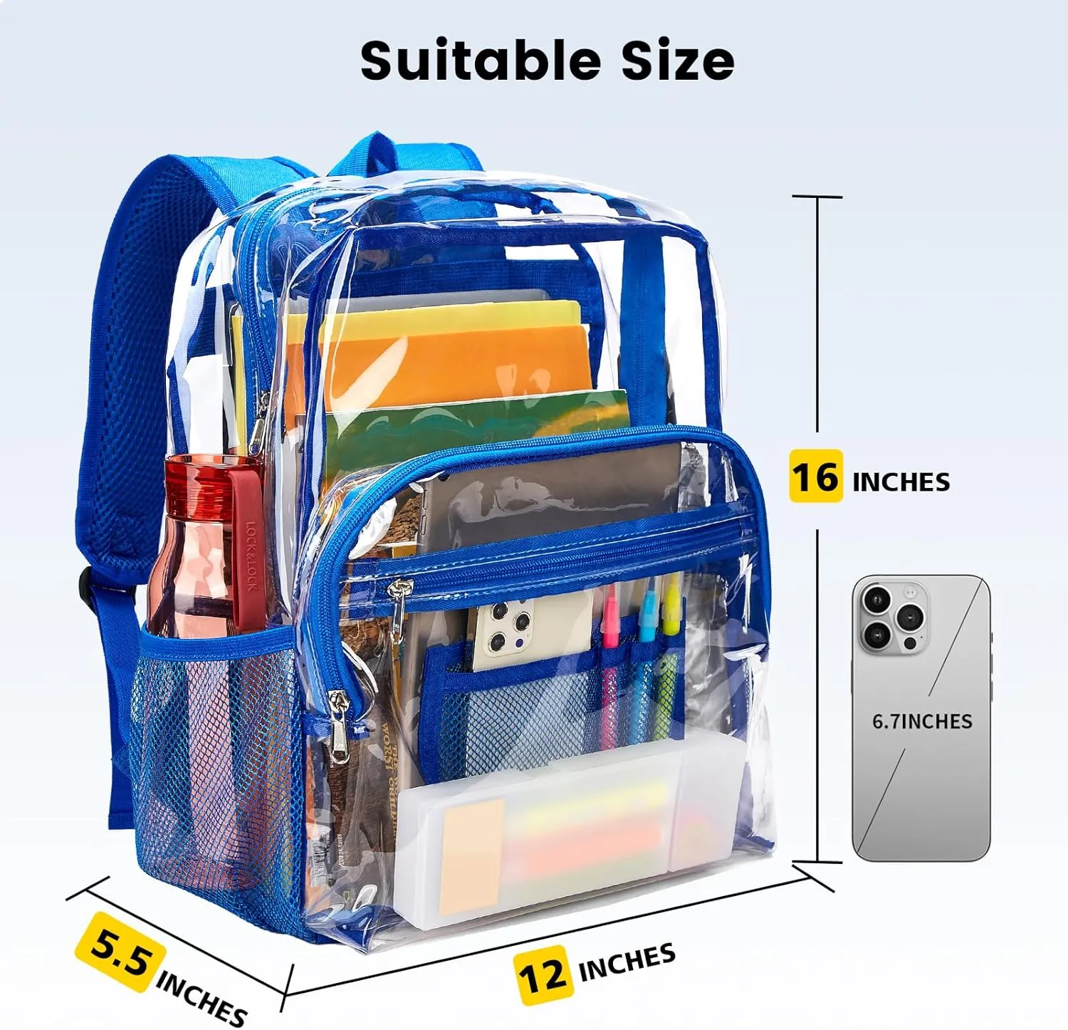 Vorspack Clear Backpack Heavy Duty - Clear Bookbag Large See Through Backpack Plastic Transparent Backpacks for College Work Travel - Blue