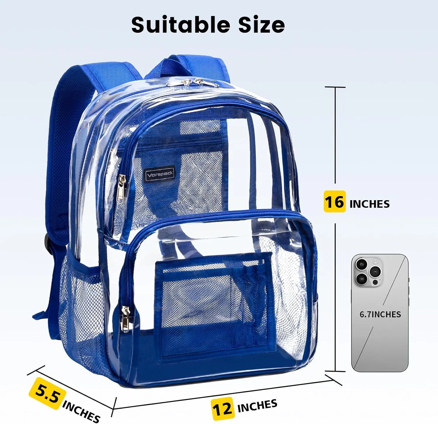 Vorspack Clear Backpack Heavy Duty - Large Clear Bookbag Transparent See Through Backpack Plastic Backpacks for College Work Travel - Blue