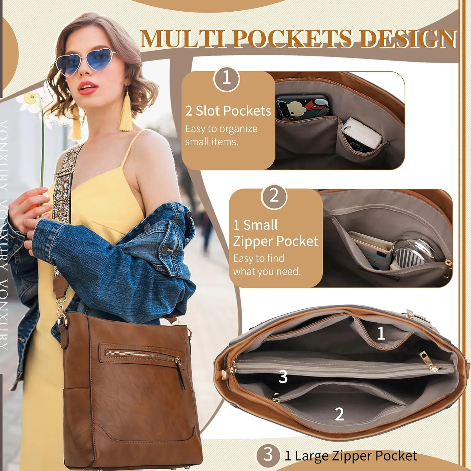 VX VONXURY Crossbody Bag for Women, Trendy Vegan Leather Shoulder Bag, Designer Bucket Bag with 2PCS Adjustable Straps