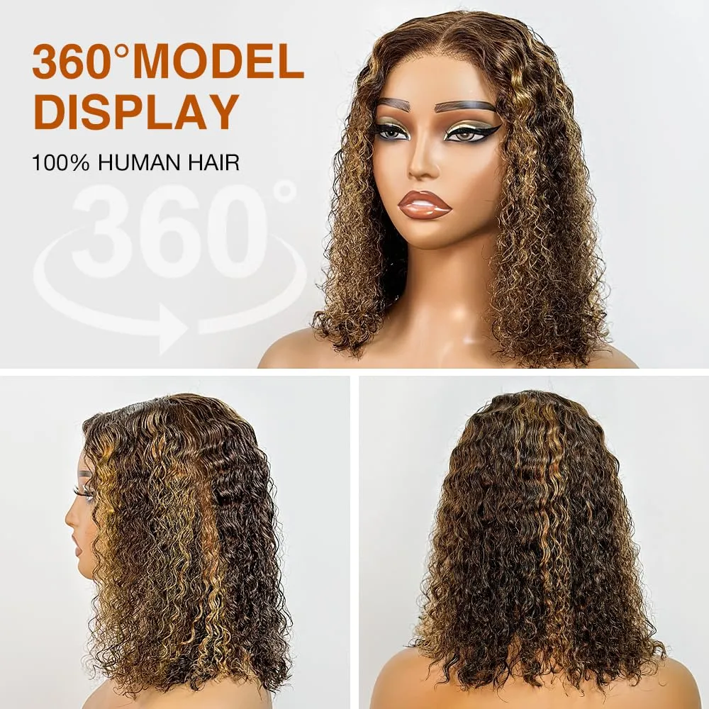 Wear and Go Glueless Wigs Human Hair Pre Plucked Precut, P4/27 Highlight Ombre Honey Blonde Curly Bob, 200% Density 5x5 Lace Closure Glueless Wigs with Natural Hairline for Women(10 inch)
