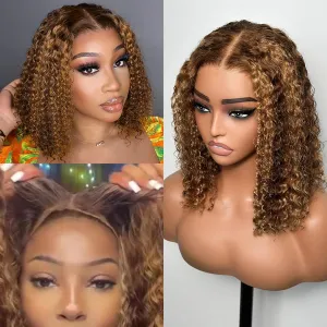 Wear and Go Glueless Wigs Human Hair Pre Plucked Precut, P4/27 Highlight Ombre Honey Blonde Curly Bob, 200% Density 5x5 Lace Closure Glueless Wigs with Natural Hairline for Women(10 inch)