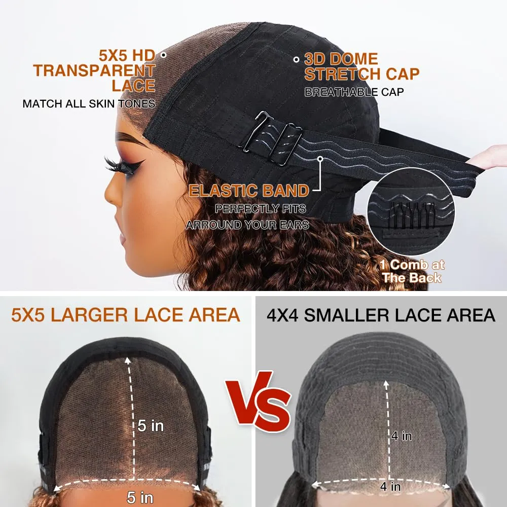 Wear and Go Glueless Wigs Human Hair Pre Plucked Precut, P4/27 Highlight Ombre Honey Blonde Curly Bob, 200% Density 5x5 Lace Closure Glueless Wigs with Natural Hairline for Women(10 inch)