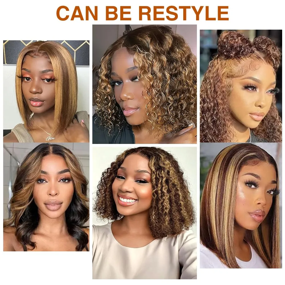 Wear and Go Glueless Wigs Human Hair Pre Plucked Precut, P4/27 Highlight Ombre Honey Blonde Curly Bob, 200% Density 5x5 Lace Closure Glueless Wigs with Natural Hairline for Women(10 inch)