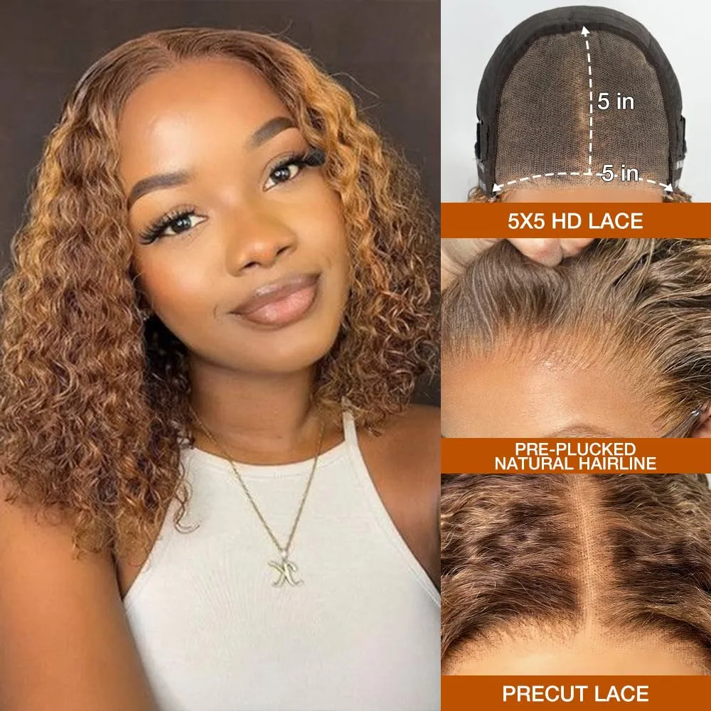Wear and Go Glueless Wigs Human Hair Pre Plucked Precut, P4/27 Highlight Ombre Honey Blonde Curly Bob, 200% Density 5x5 Lace Closure Glueless Wigs with Natural Hairline for Women(10 inch)