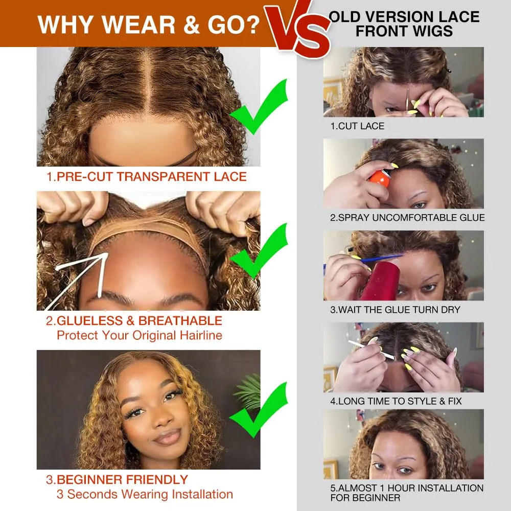 Wear and Go Glueless Wigs Human Hair Pre Plucked Precut, P4/27 Highlight Ombre Honey Blonde Curly Bob, 200% Density 5x5 Lace Closure Glueless Wigs with Natural Hairline for Women(10 inch)