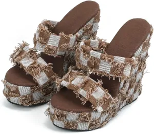 WILDKATZEN Women's Two Strap Wedge Heeled Slide Checkered Pattern Denim High Heels