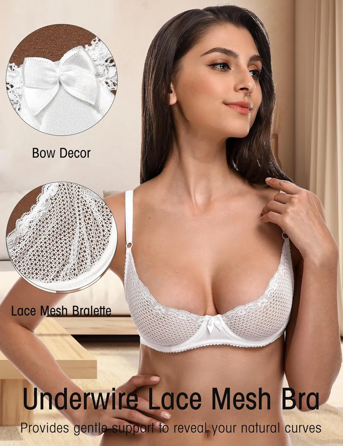 Wingslove Women's Sexy 1/2 Cup Lace Bra Balconette Mesh Underwired Demi Shelf Bra Unlined See Through Bralette