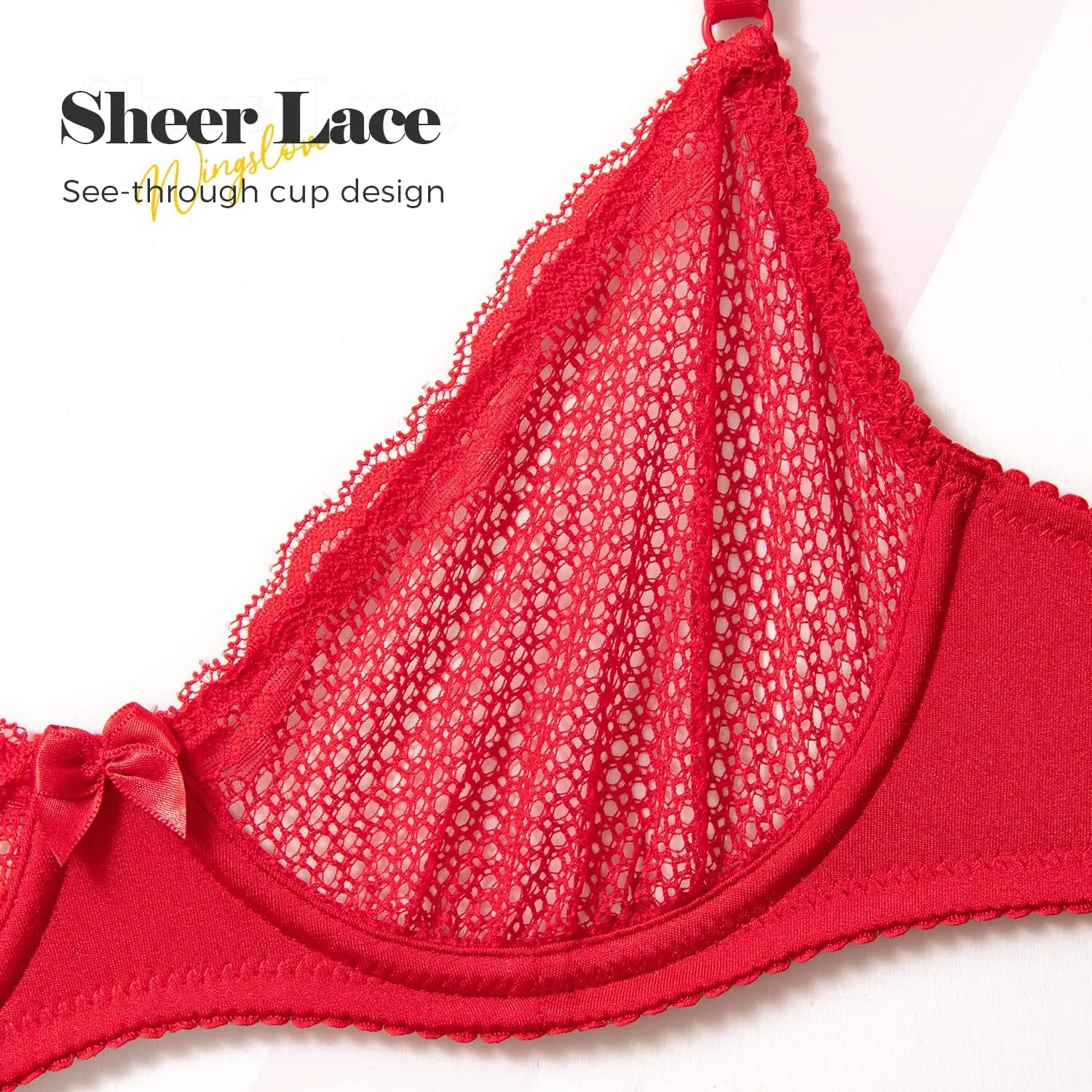 Wingslove Women's Sexy 1/2 Cup Lace Bra Balconette Mesh Underwired Demi Shelf Bra Unlined See Through Bralette