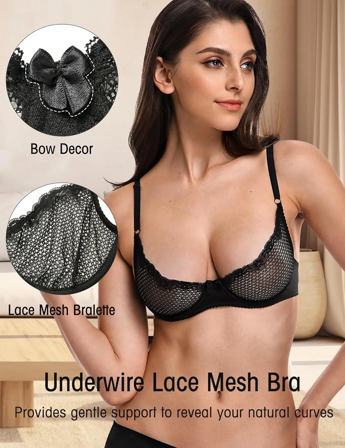 Wingslove Women's Sexy 1/2 Cup Lace Bra Balconette Mesh Underwired Demi Shelf Bra Unlined See Through Bralette