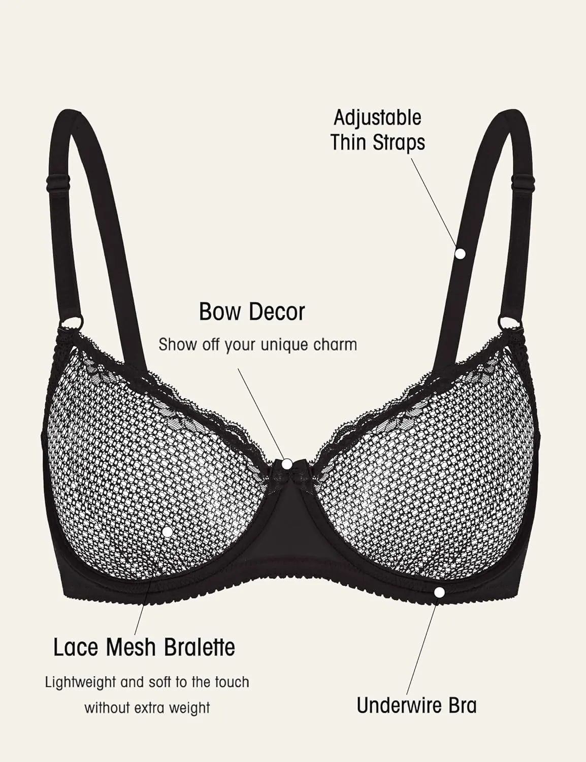 Wingslove Women's Sexy 1/2 Cup Lace Bra Balconette Mesh Underwired Demi Shelf Bra Unlined See Through Bralette