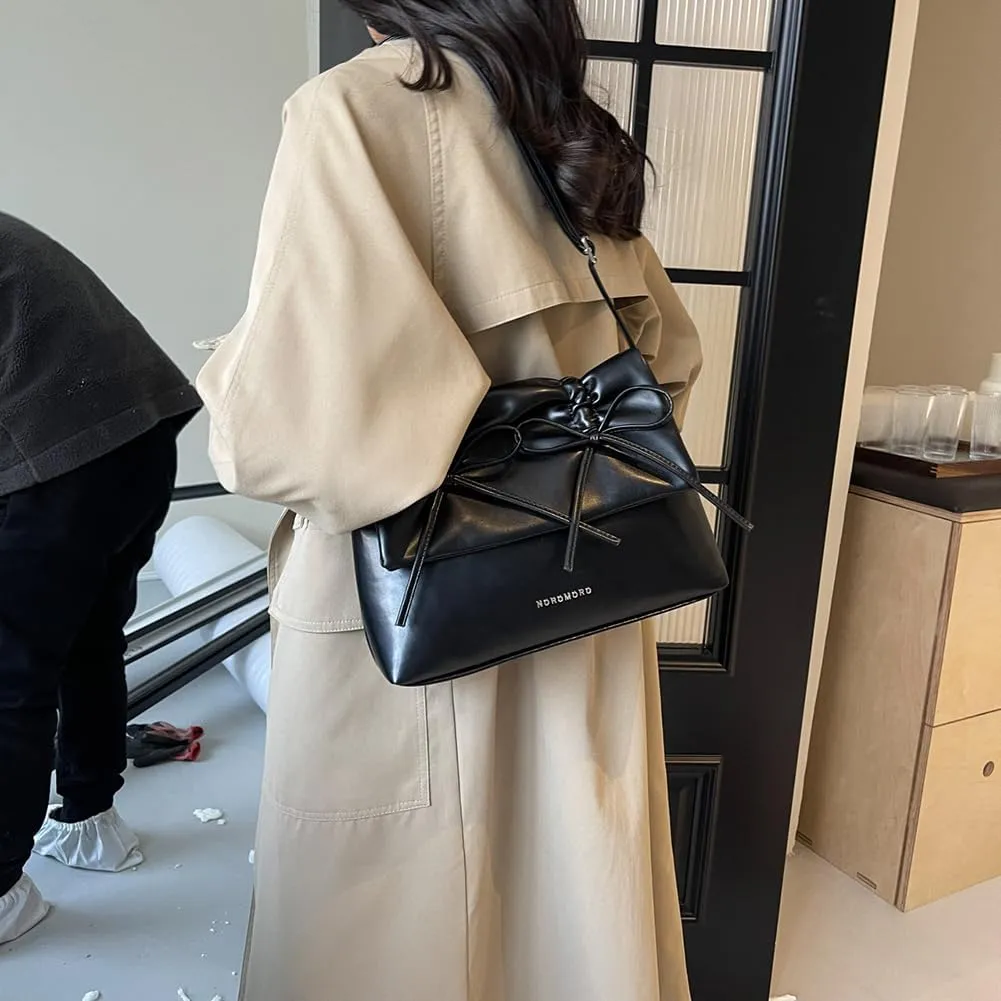 Women Bowknot Pu Shoulder Bag Casual Handbag With Flap Cover Retro Classic Purse With Adjustable Shoulder Strap La