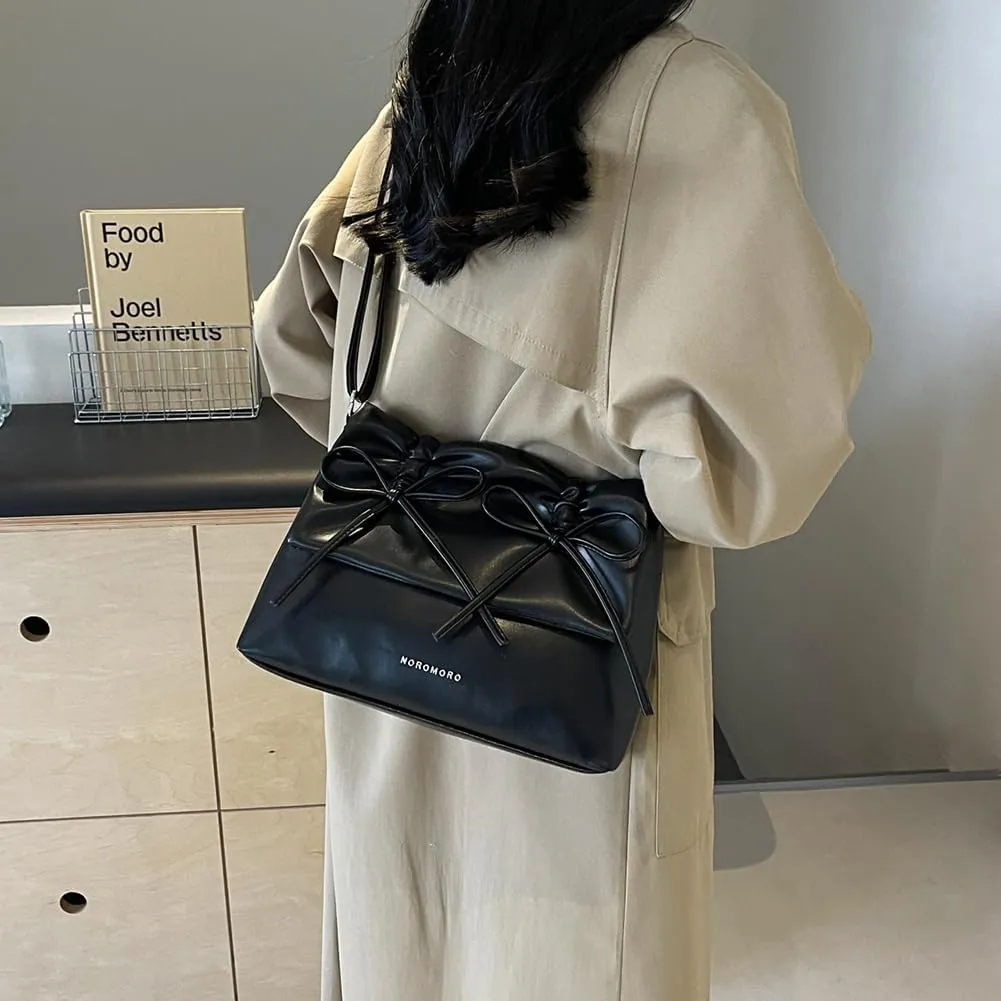 Women Bowknot Pu Shoulder Bag Casual Handbag With Flap Cover Retro Classic Purse With Adjustable Shoulder Strap La