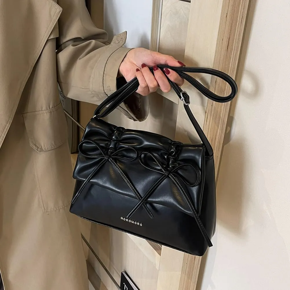 Women Bowknot Pu Shoulder Bag Casual Handbag With Flap Cover Retro Classic Purse With Adjustable Shoulder Strap La