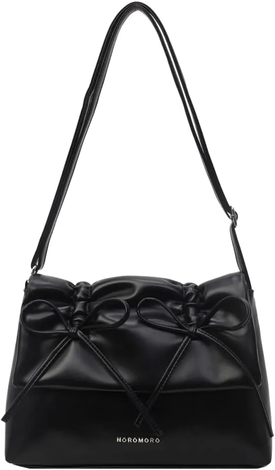 Women Bowknot Pu Shoulder Bag Casual Handbag With Flap Cover Retro Classic Purse With Adjustable Shoulder Strap La