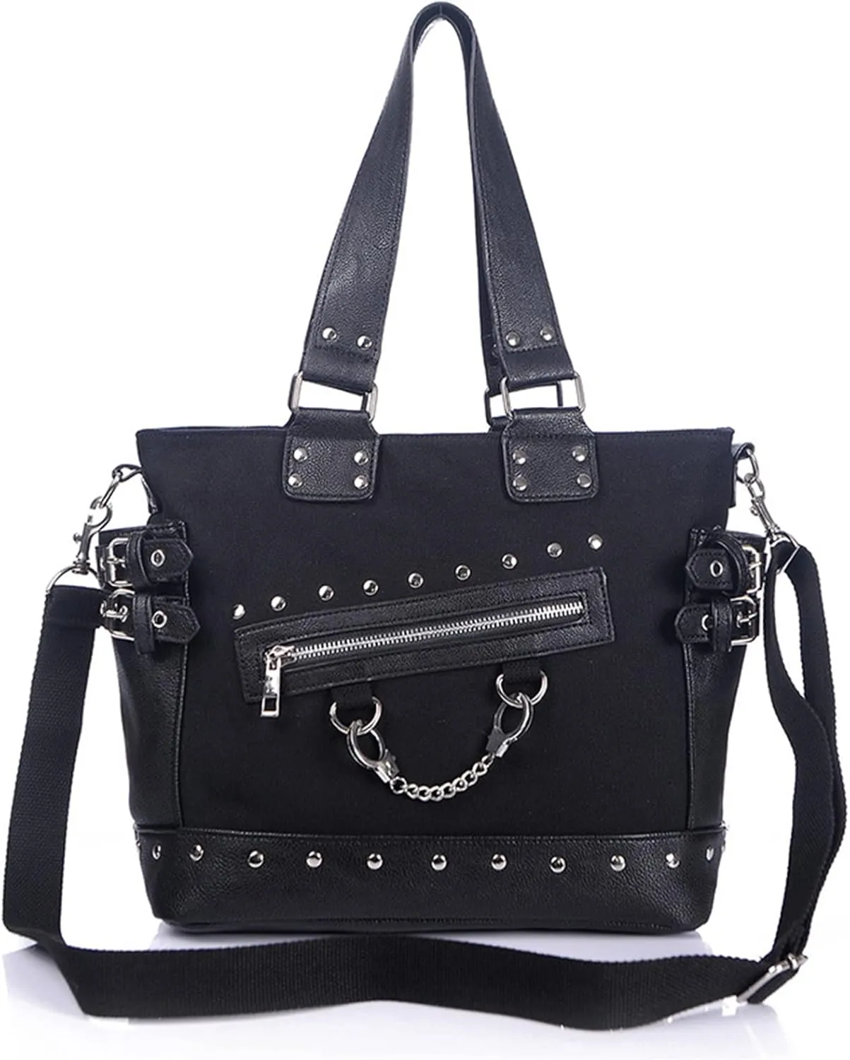Women Canvas Handbags Rivet Tote Shoulder Crossbody Bag Punk Hobo Purse, Black Rivet