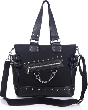 Women Canvas Handbags Rivet Tote Shoulder Crossbody Bag Punk Hobo Purse, Black Rivet