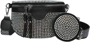 Women Girls Glitter Rhinestone Faux Leather Fanny Pack Waist Bag Chest Bag Crossbody Shoulder Bag