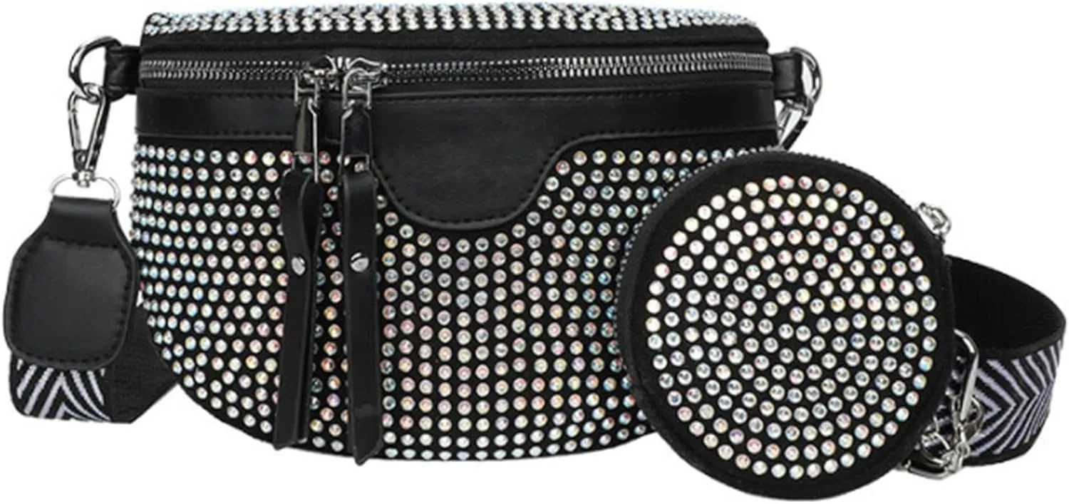 Women Girls Glitter Rhinestone Faux Leather Fanny Pack Waist Bag Chest Bag Crossbody Shoulder Bag